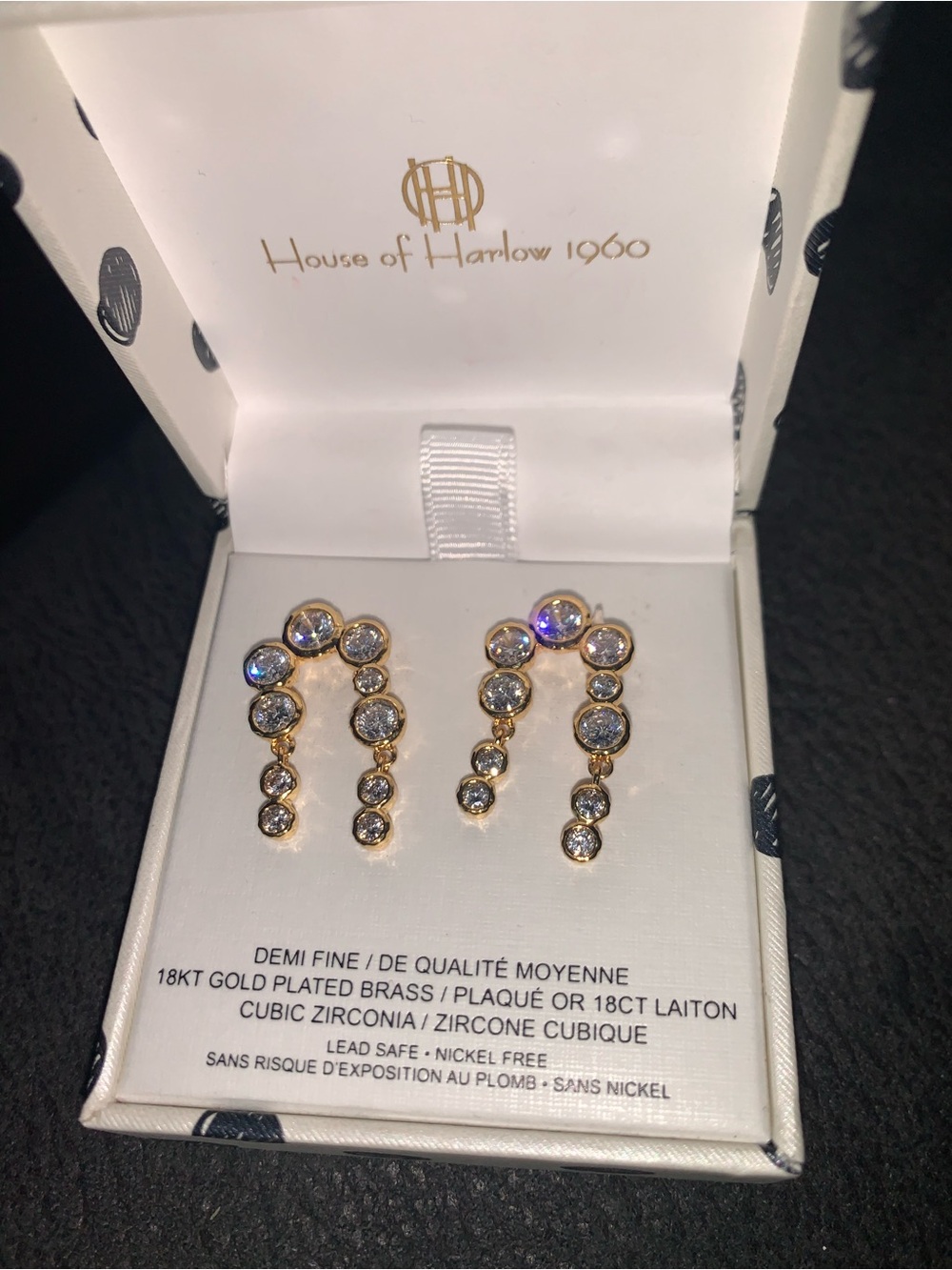 House of Harlow 1960 Gold Drop Earrings with Clear Stones